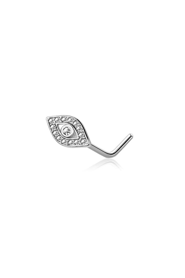 GEM PAVED EVIL EYE SURGICAL STEEL L-SHAPE NOSE STUD