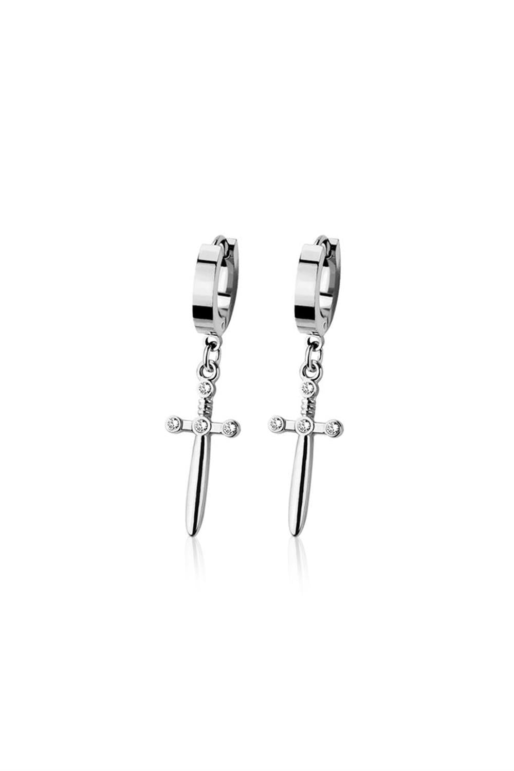 PAIR OF 20G STAINLESS STEEL HUGGIE/HOOP EARRINGS W/ SWORD DANGLE
