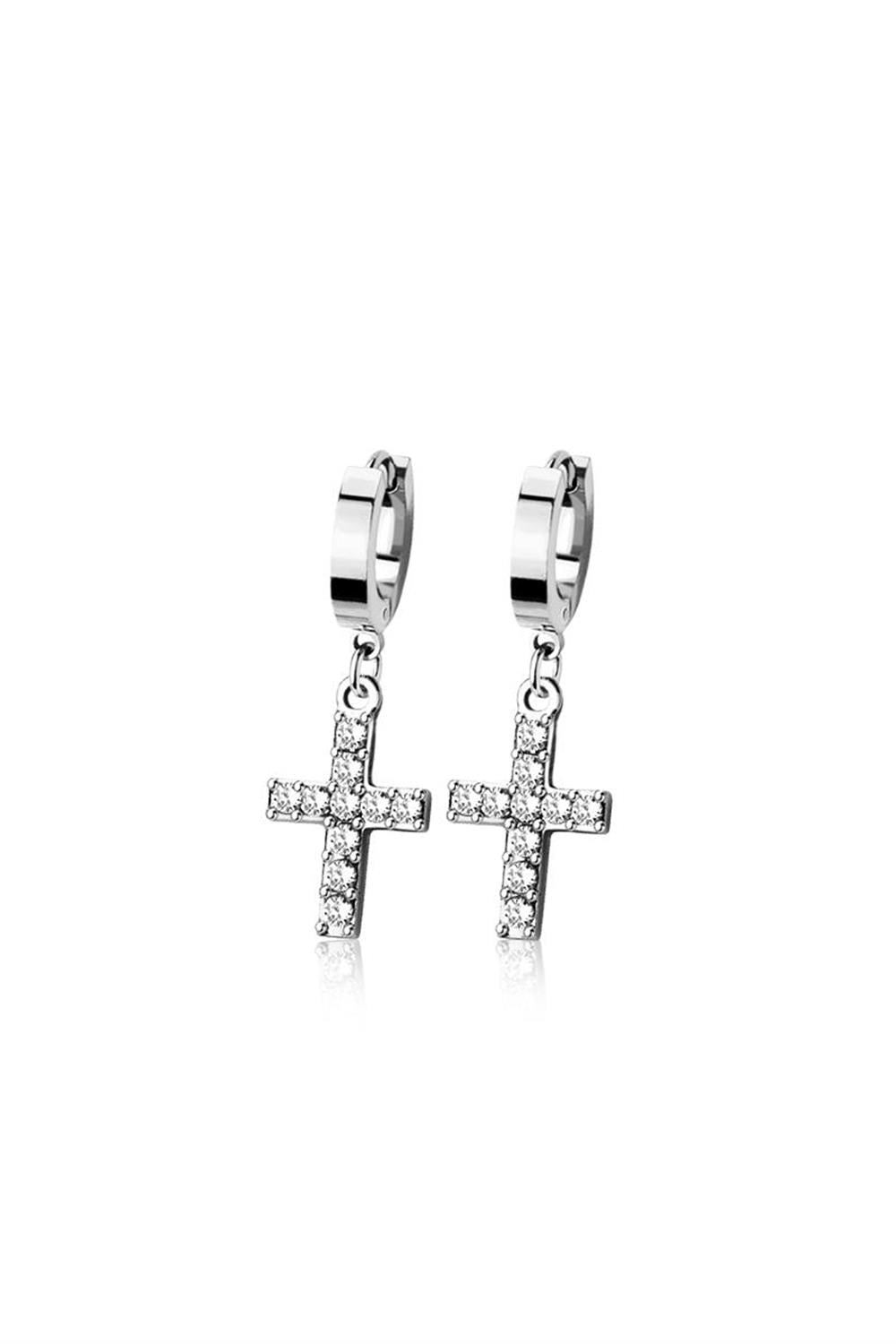 PAIR OF 20G STAINLESS STEEL HUGGIE/HOOP CROSS DANGLE EARRINGS