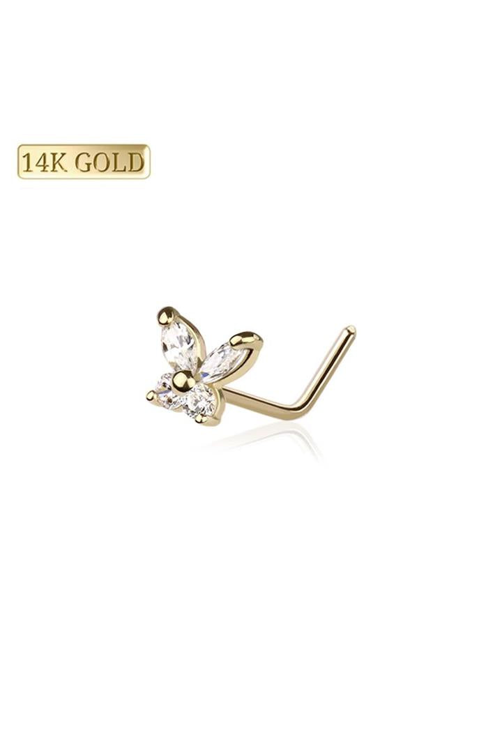 14K Gold 22G Nose "L" Bend with CZ PRONG BUTTERFLY