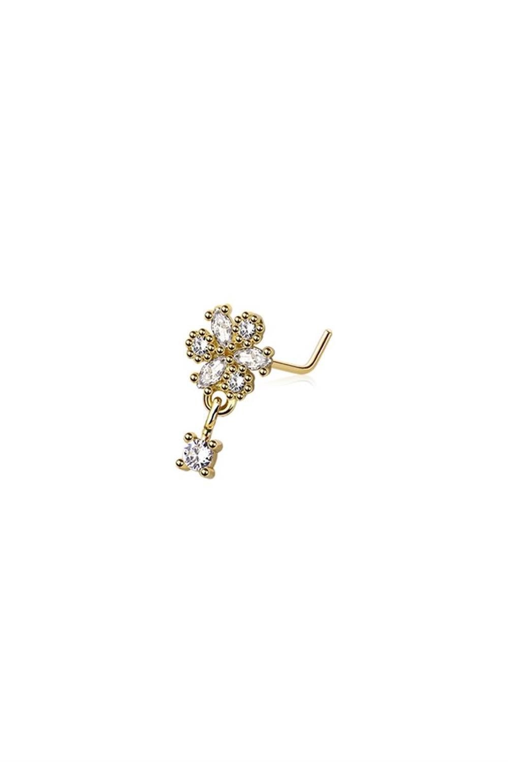 TRIPLE BEZEL MARQUISE FLOWER DANGLE SURGICAL STEEL L-SHAPE NOSE RING