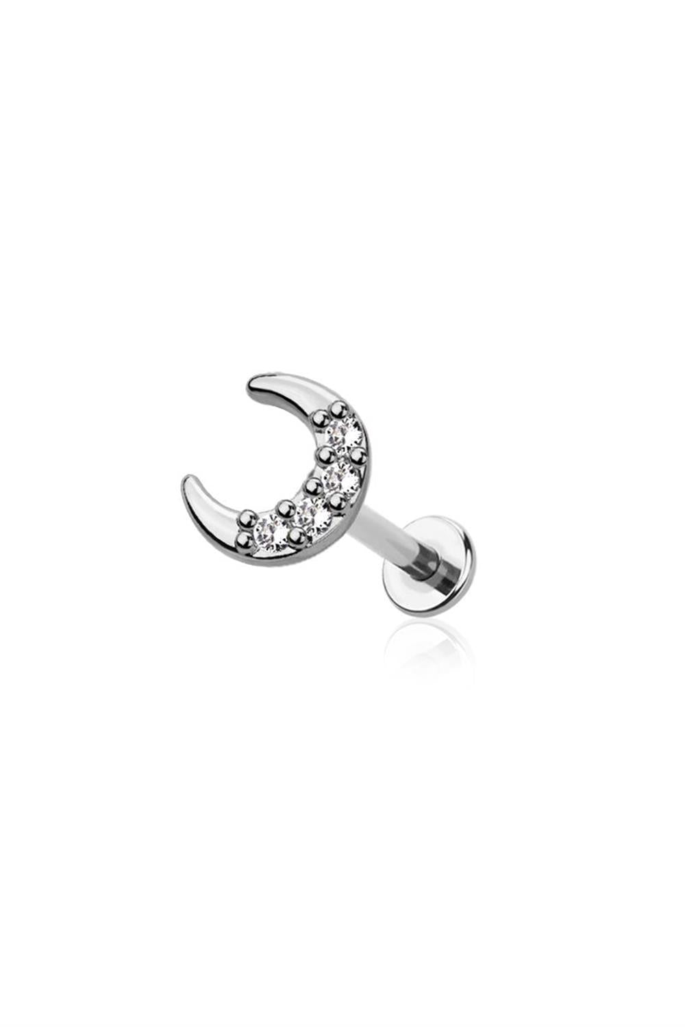 16G Surgical Steel Moon W/ Gem Labret For Cartilage Piercings