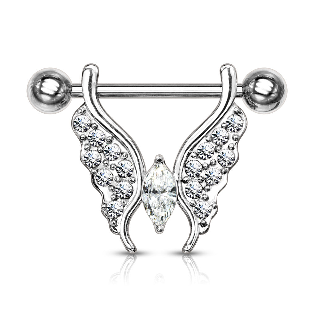 14G Marquise Paved Butterfly Surgical Steel Barbell Nipple Rings (14MM)