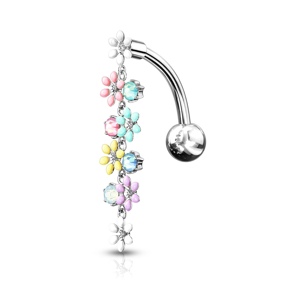 Opalite Crystal Stones and Enamel Flowers Top Drop 316L Surgical Steel Belly Button Rings