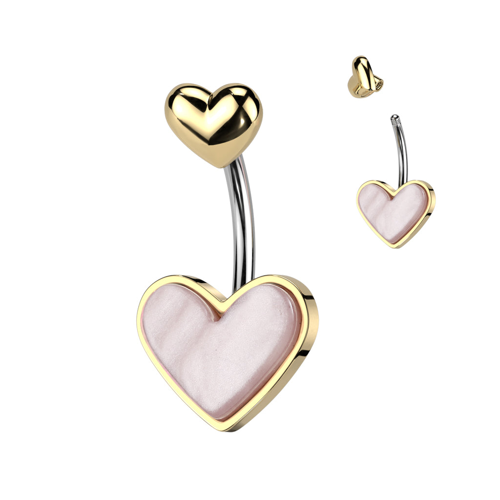 316L Stainless Steel Double Heart Belly Button Ring With Mother of Pearl Heart