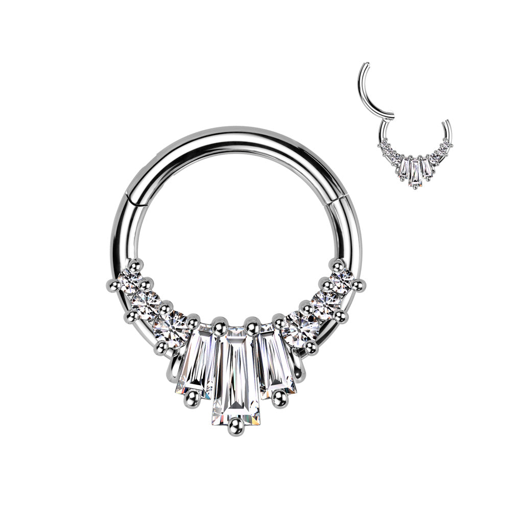 Surgical Steel Hinged Segment Ring With 3 Baguette CZ Fan