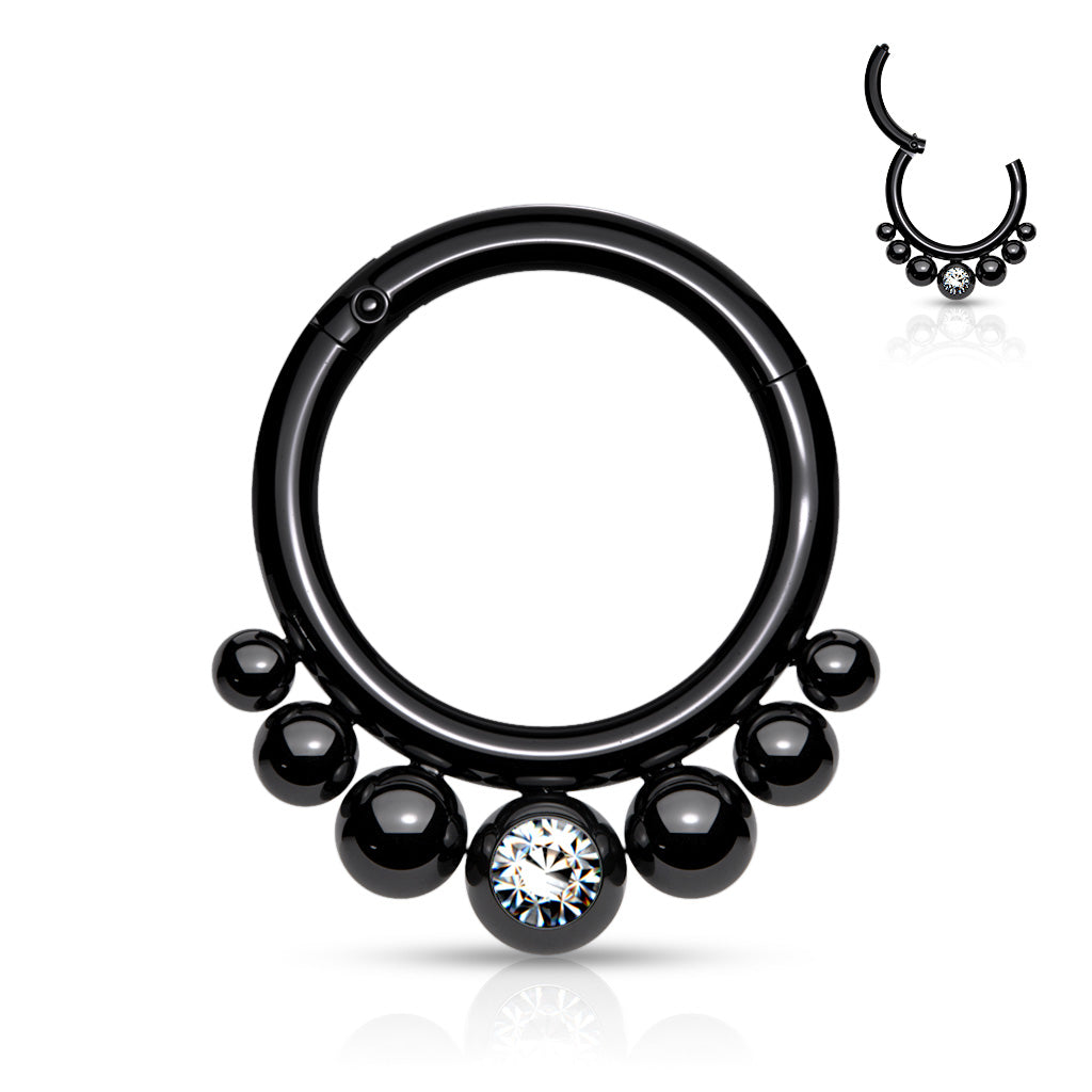 Surgical Steel Segment Hoop Rings with Graduated Balls and Bezel Set Crystal Center