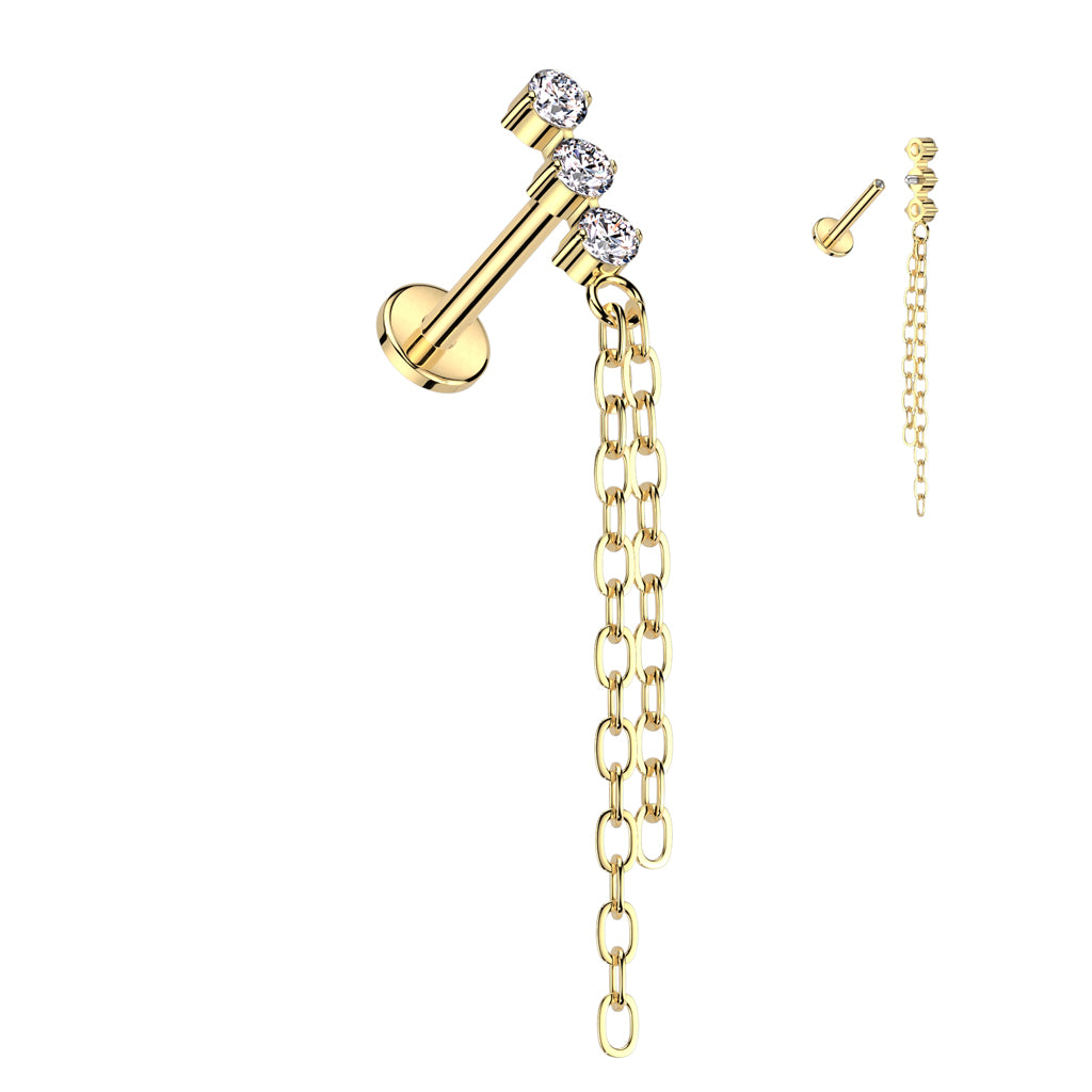16G Titanium Internally Threaded Labret W/ 3 CZ and Double Chain Dangle