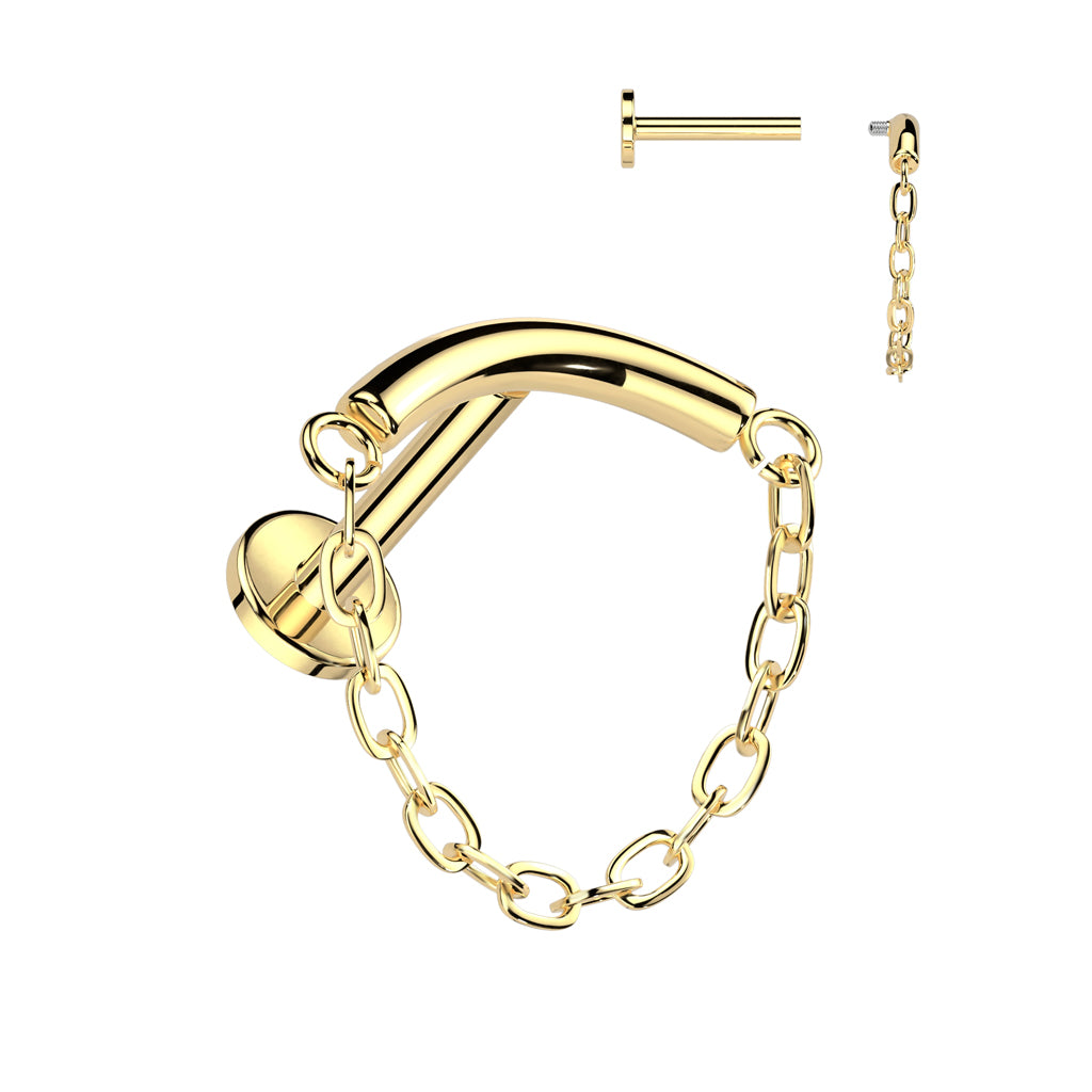 16G Titanium Internally Threaded Labret W/ Chain Linked Curved Bar For Hidden Helix Piercings