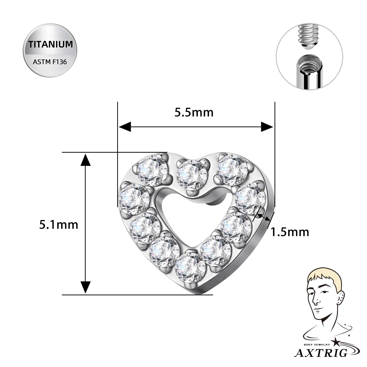 16G ASTM F136 Titanium CZ Heart Surface Top (5.5mm)