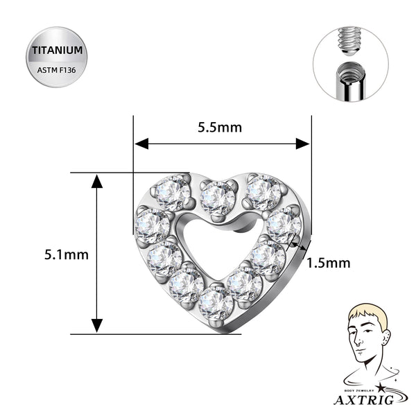 16G ASTM F136 Titanium CZ Heart Surface Top (5.5mm)