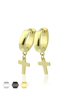 Pair Of 20G Stainless Steel Cross Dangle Hoop Earrings