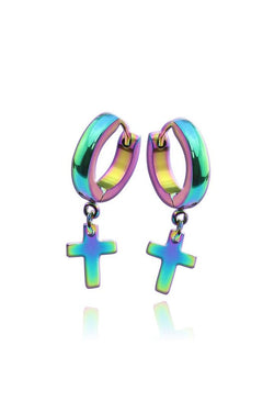 Pair Of 20G Stainless Steel Cross Dangle Hoop Earrings