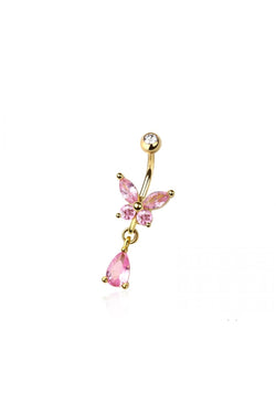 14G SURGICAL STEEL MULTI CZ BUTTERFLY DANGLE 3/8" (10MM)  BELLY BUTTON NAVEL RING