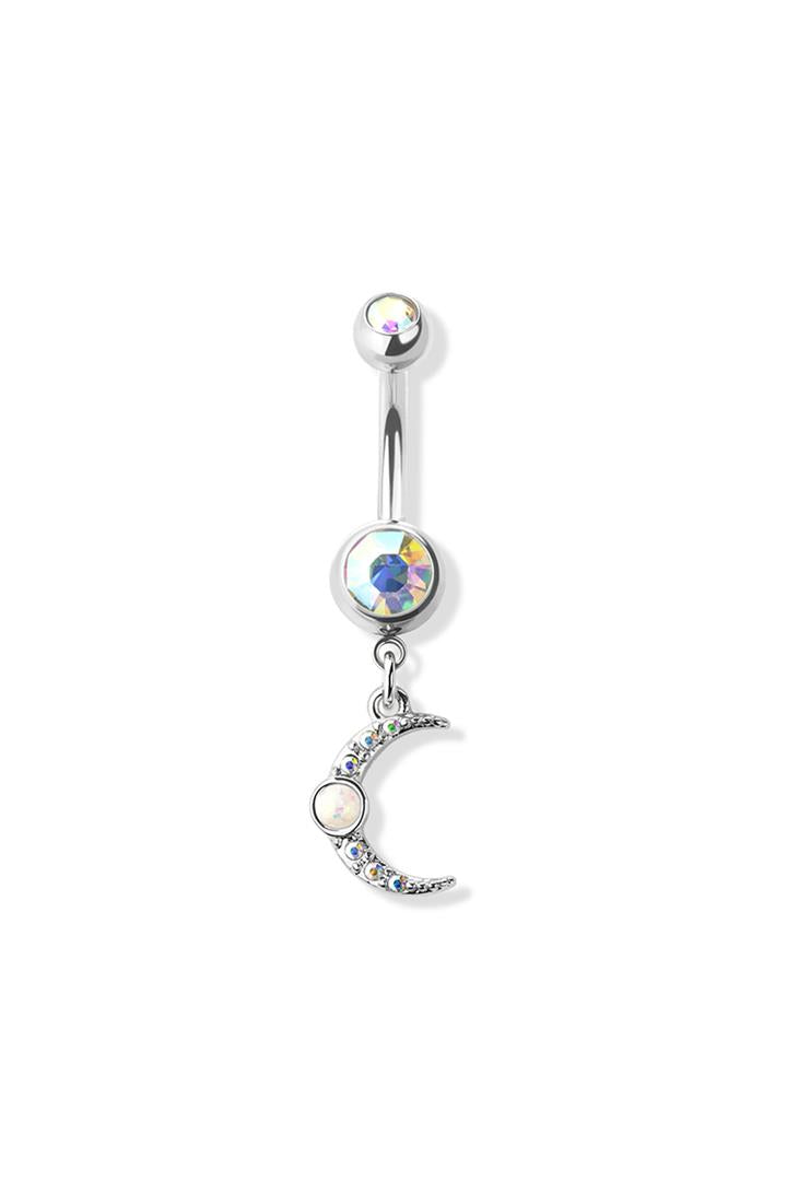 14G Surgical Steel Opal Moon Dangle  3/8" (10MM) Belly Ring