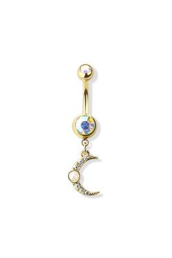 14G Surgical Steel Opal Moon Dangle  3/8" (10MM) Belly Ring