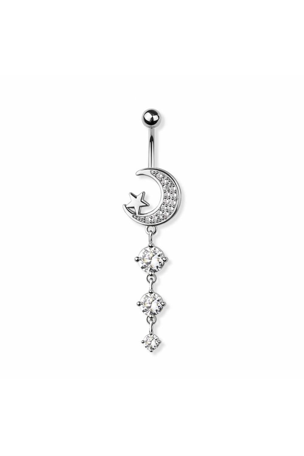 14G Surgical Steel Triple Gem Moon Star 3/8" (10MM) Belly Ring