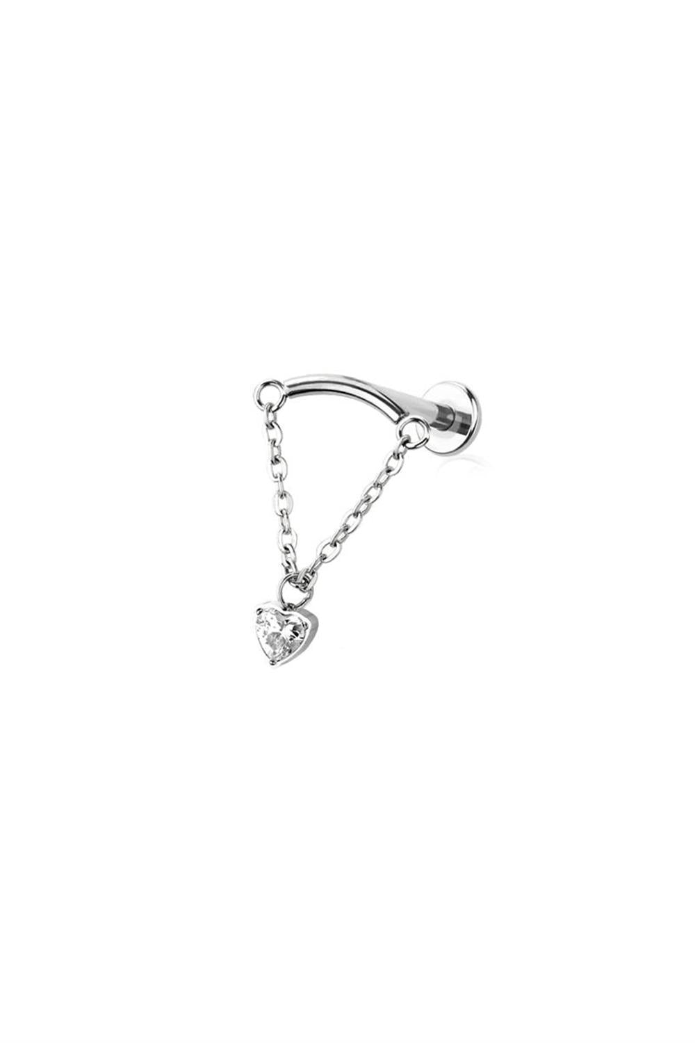 18G Stainless Steel Curved Bar (8mm) Dangle Heart Chain (Threadless Push In)