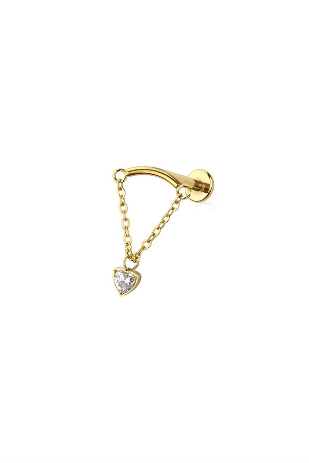 18G Stainless Steel Curved Bar (8mm) Dangle Heart Chain (Threadless Push In)