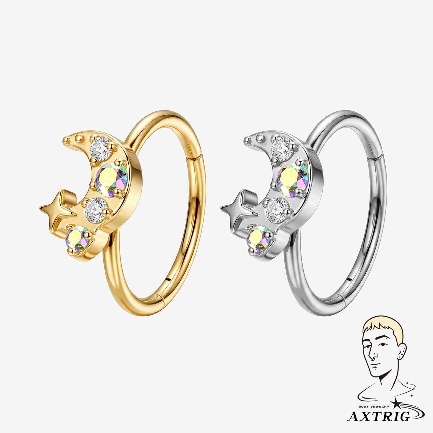 20G ASTM F136 Titanium Star & Moon Hinged Nose Hoop (8mm)