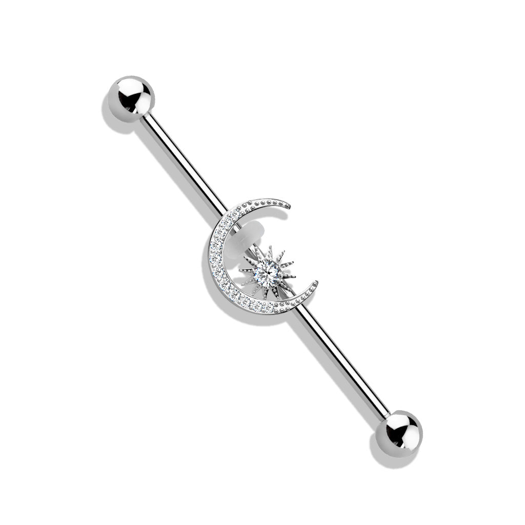 14G Paved Moon with CZ Center Star Surgical Steel Industrial Barbell (38MM)