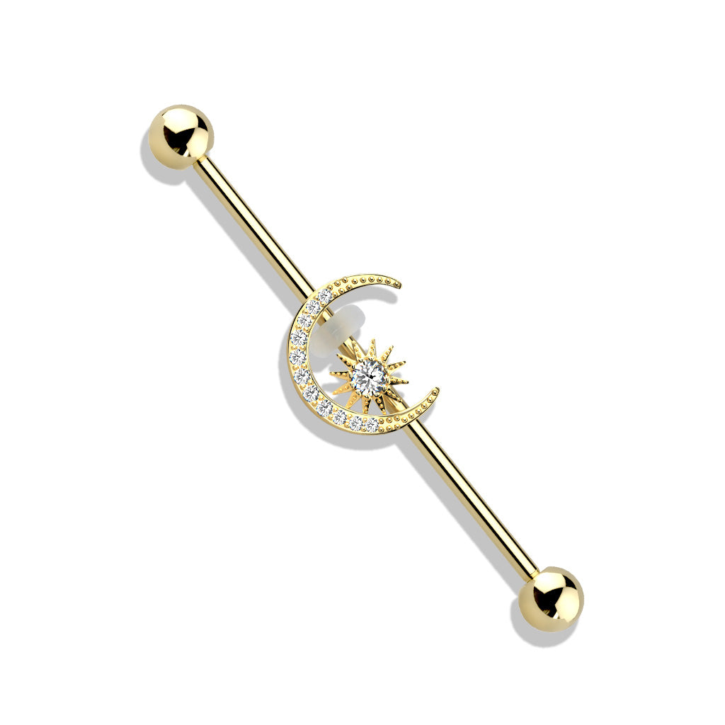 Paved Moon with CZ Center Star Surgical Steel Industrial Barbell