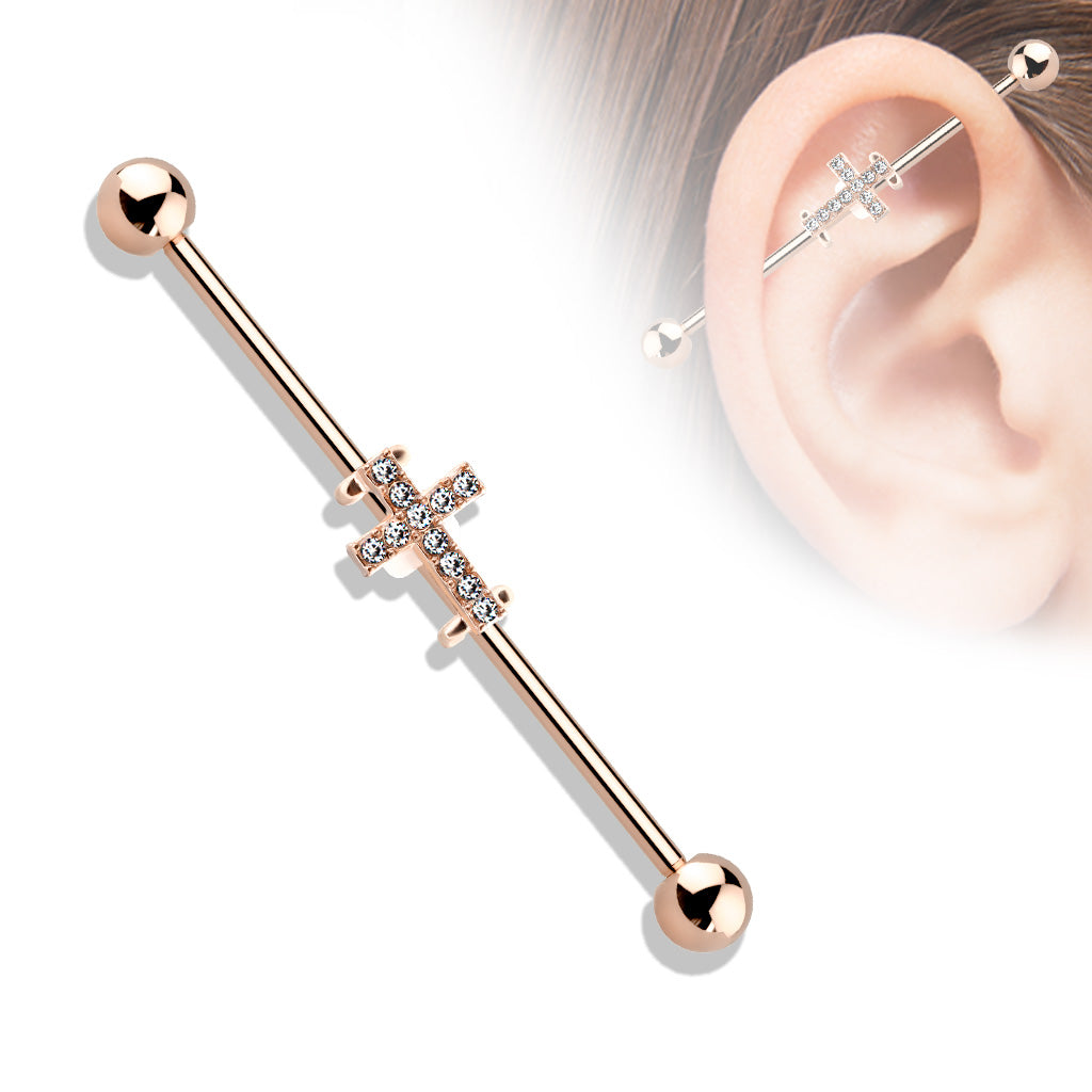 Crystal Paved Cross Surgical Steel Industrial Barbell