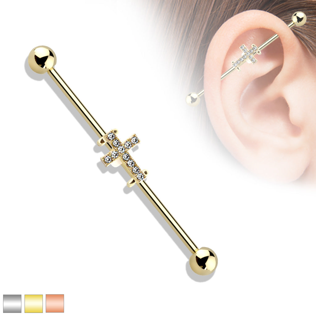 Crystal Paved Cross Surgical Steel Industrial Barbell
