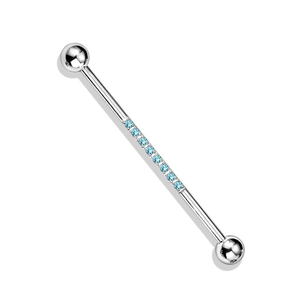 Surgical Steel Industrial Barbell with CNC Set Lined CZ on Bar