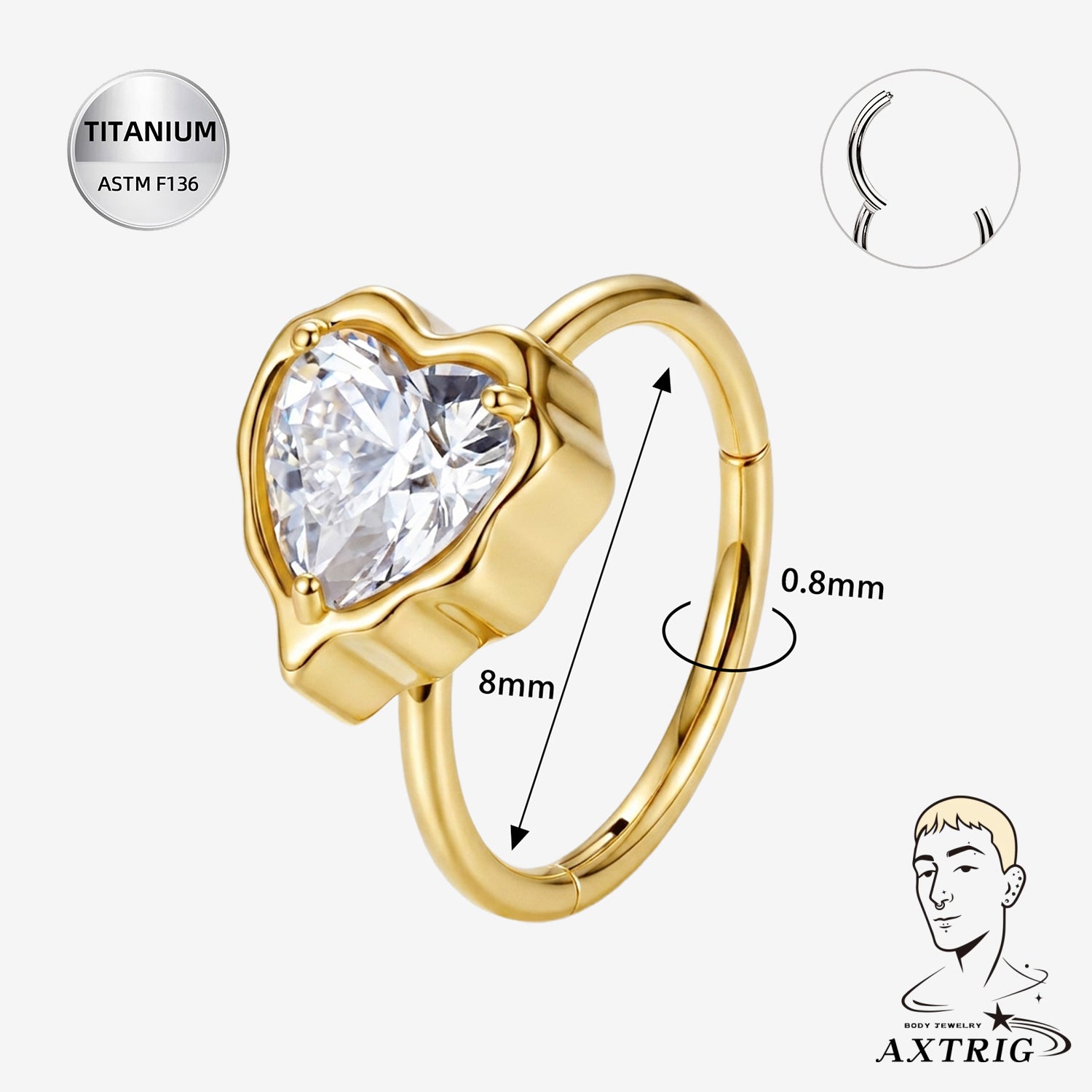20G ASTM F136 Titanium Drippy Heart Hinged Nose Hoop (8mm)