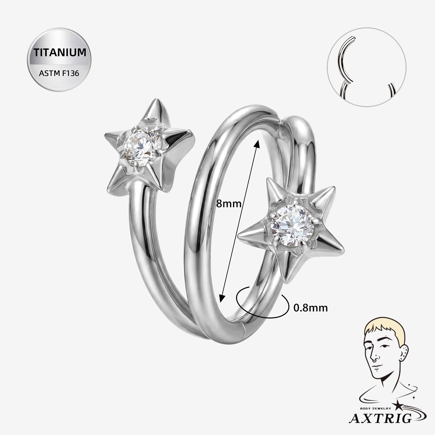 16G ASTM F136 Titanium Starburst Hinged Clicker (8MM) For Ear Piercings