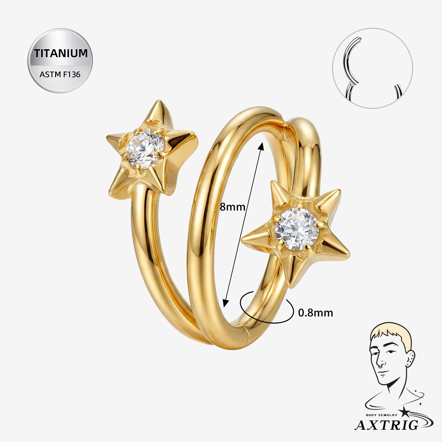 16G ASTM F136 Titanium Starburst Hinged Clicker (8MM) For Ear Piercings