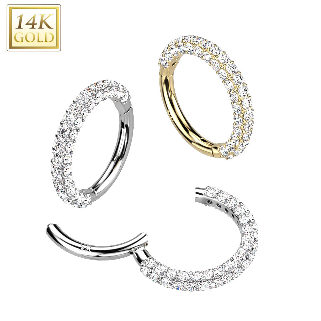 14K Gold 20G Hinged Hoop With CZ Paved on Front and Sides For Nose & Ear Piercings