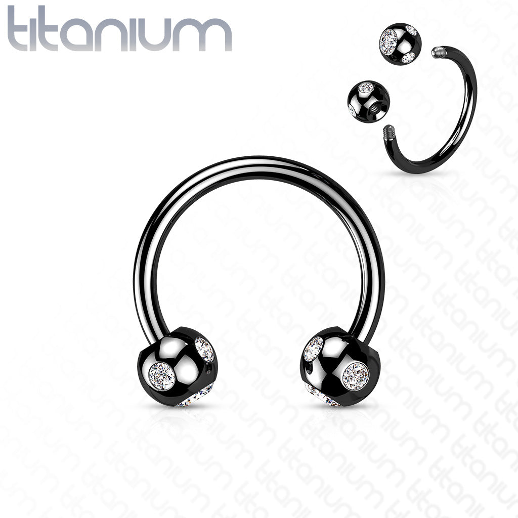 5-Gem Paved Balls Titanium IP Over 316L Surgical Steel Horseshoe Circular Barbell