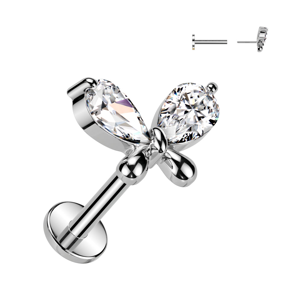 316L Surgical Steel Threadless Push In Labret, Flat Back Stud With CZ Butterfly Top