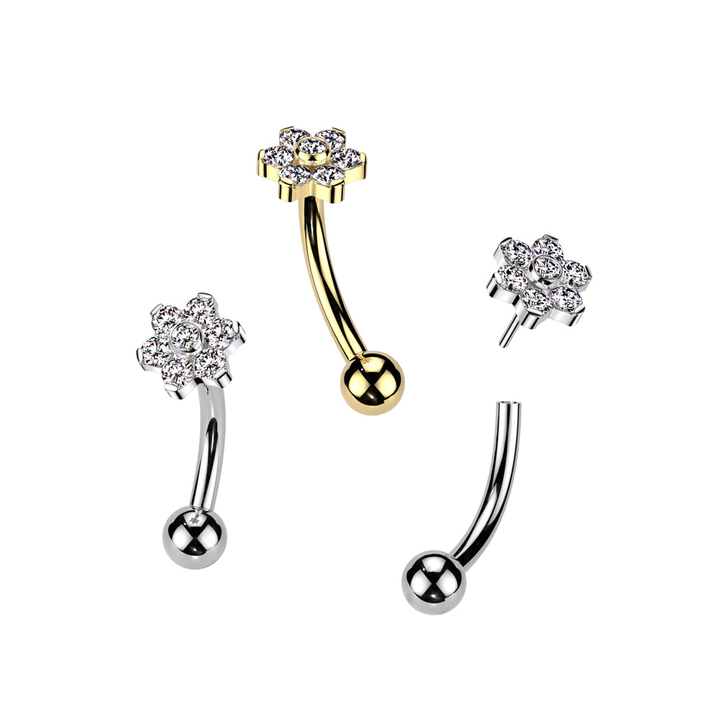 Implant Grade Titanium Threadless Push In Curved Barbell With Prong Flower Bezel