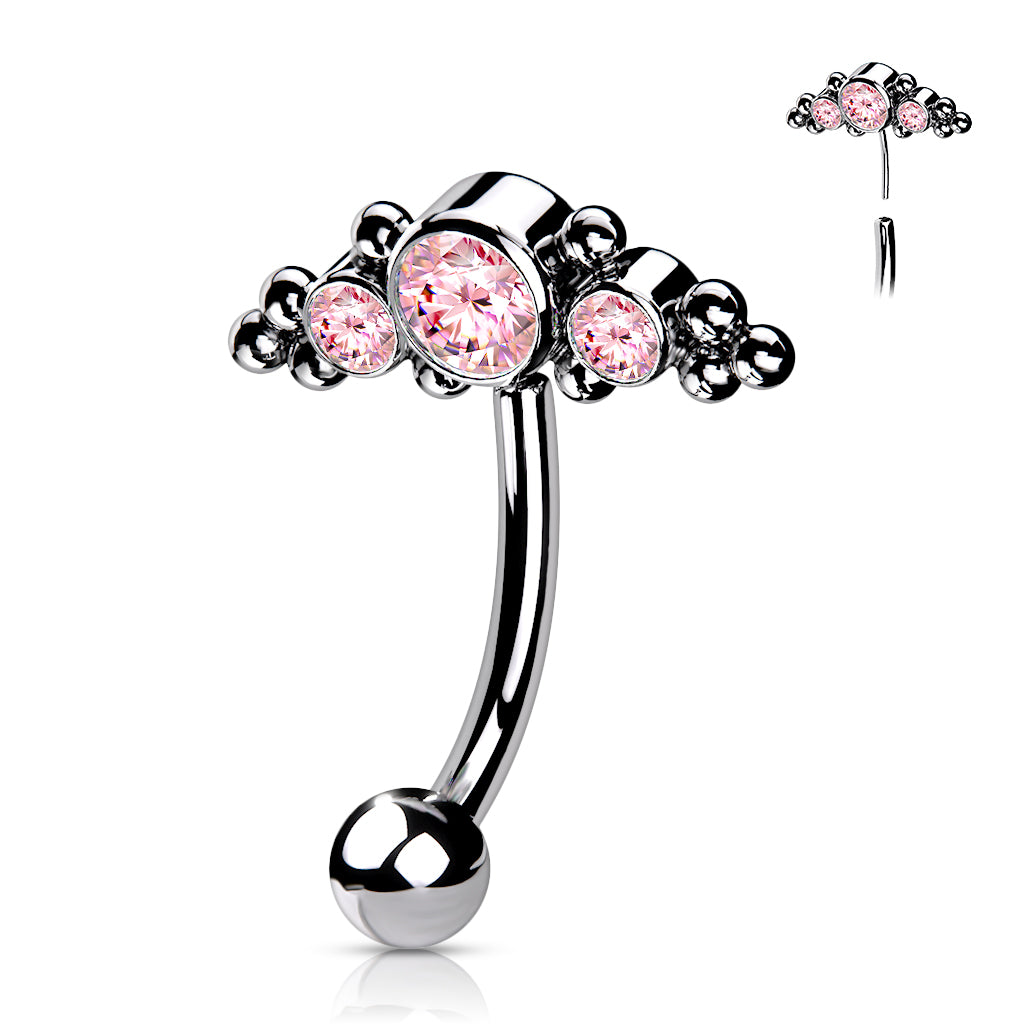 16G Titanium Threadless (Push In) 3 Bezel Set CZs (8mm) For Eyebrow