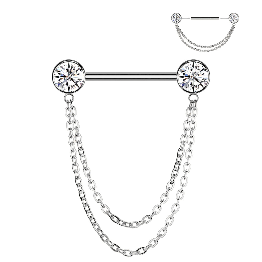 14G Titanium Threadless Push In Nipple Barbell (12MM) W/ Double Chain Dangle