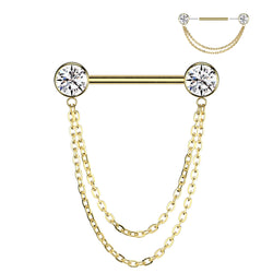 Implant Grade Titanium Threadless Push In Nipple Barbell With Double Chain Dangle