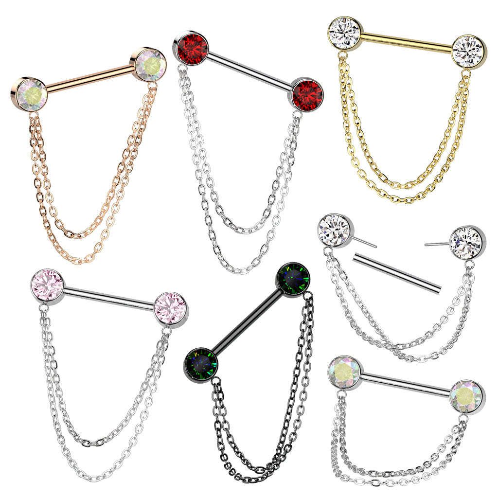 14G Titanium Threadless Push In Nipple Barbell (12MM) W/ Double Chain Dangle