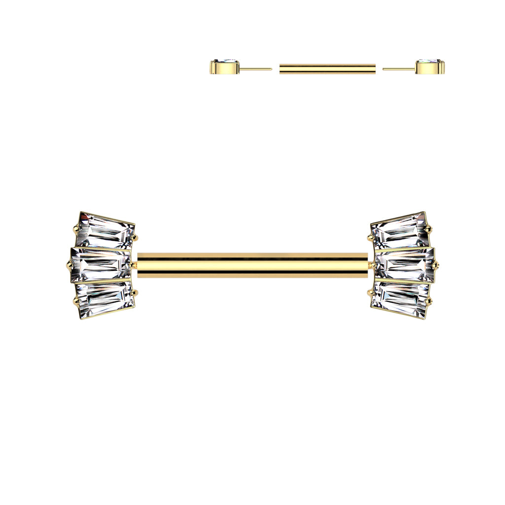 14G Titanium Threadless Push In Nipple Barbell (14MM) W/ 3 Baguette