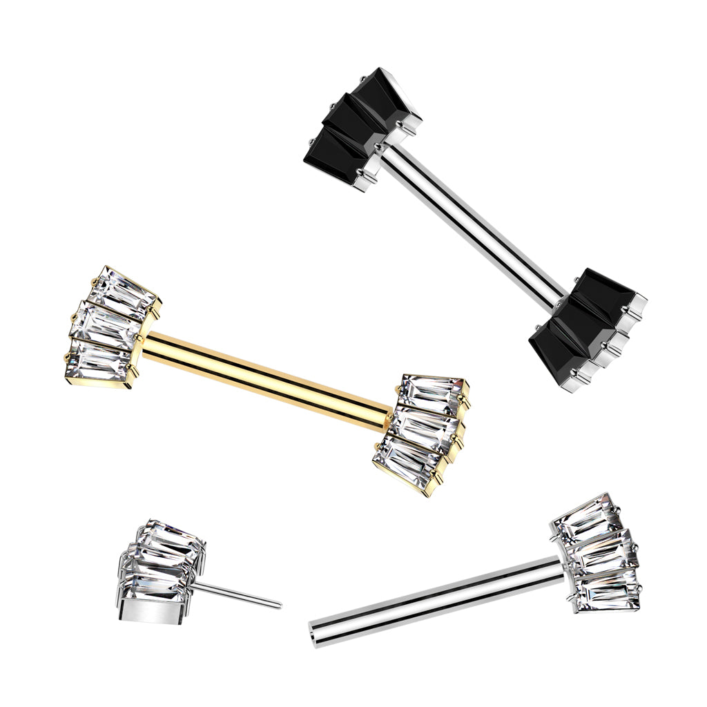 14G Titanium Threadless Push In Nipple Barbell (14MM) W/ 3 Baguette