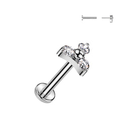 16G Titanium (Threadless) Labret W/ CZ Trinity Top For Ear Piercings