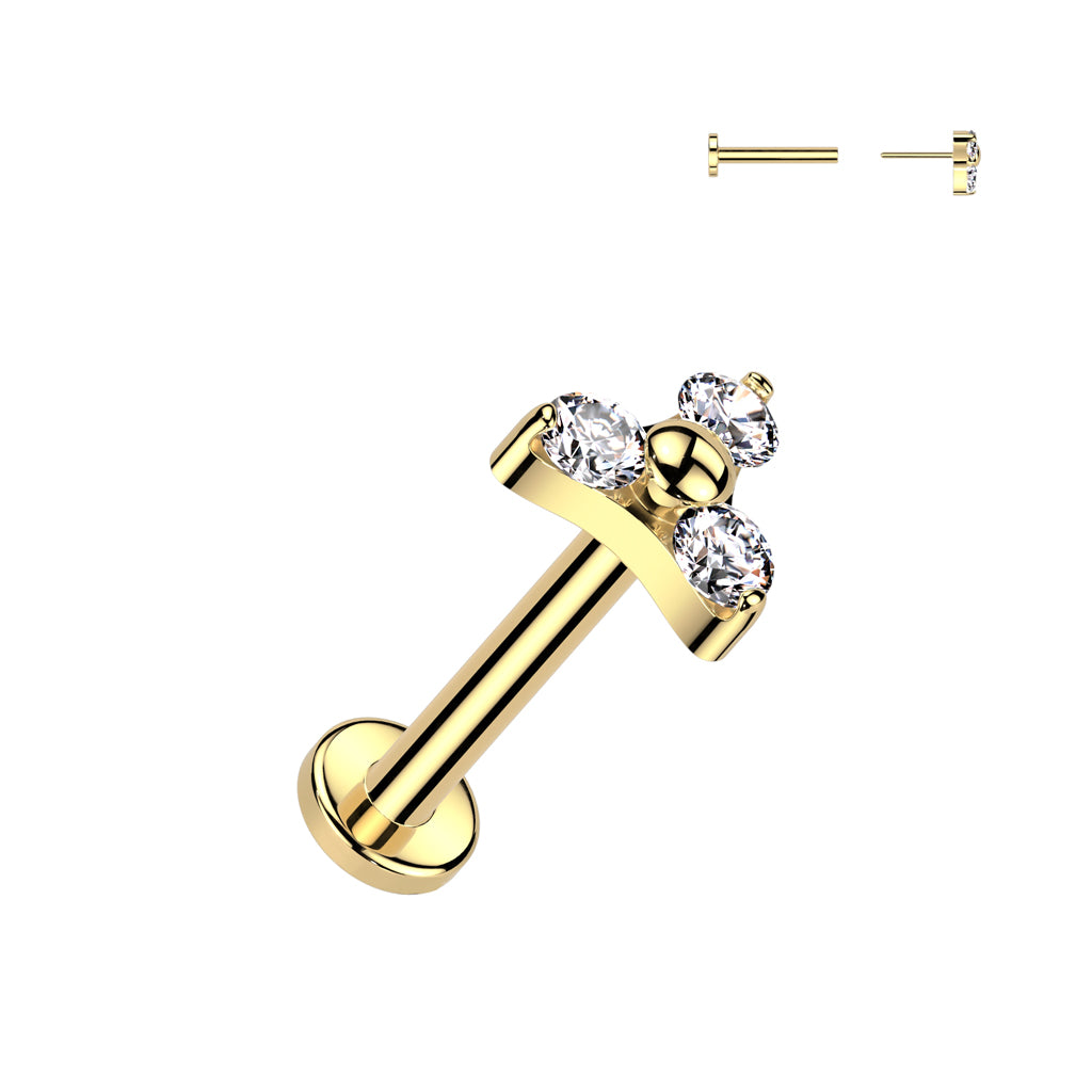 16G Titanium (Threadless) Labret W/ CZ Trinity Top For Ear Piercings