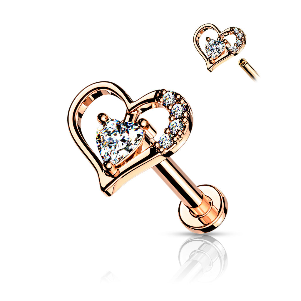 Paved Heart Contour Internally Threaded Surgical Steel Flat Back Stud