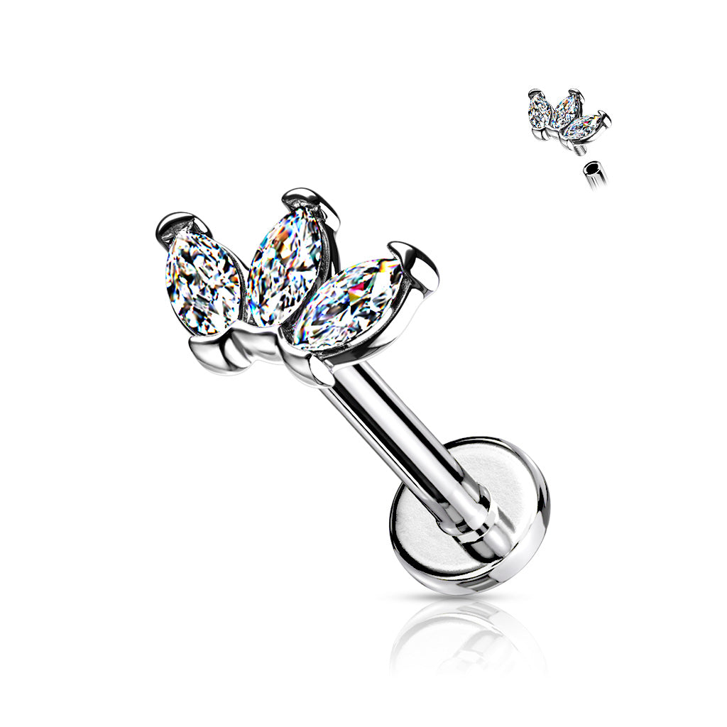 Triple Marquise CZ on Internally Threaded 316L Surgical Steel Flat Back Studs