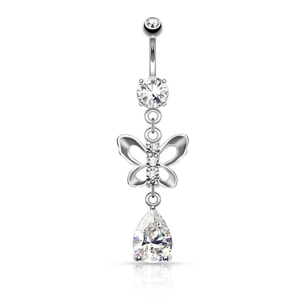Paved Butterfly and Tear Drop Cut CZ Navel Ring