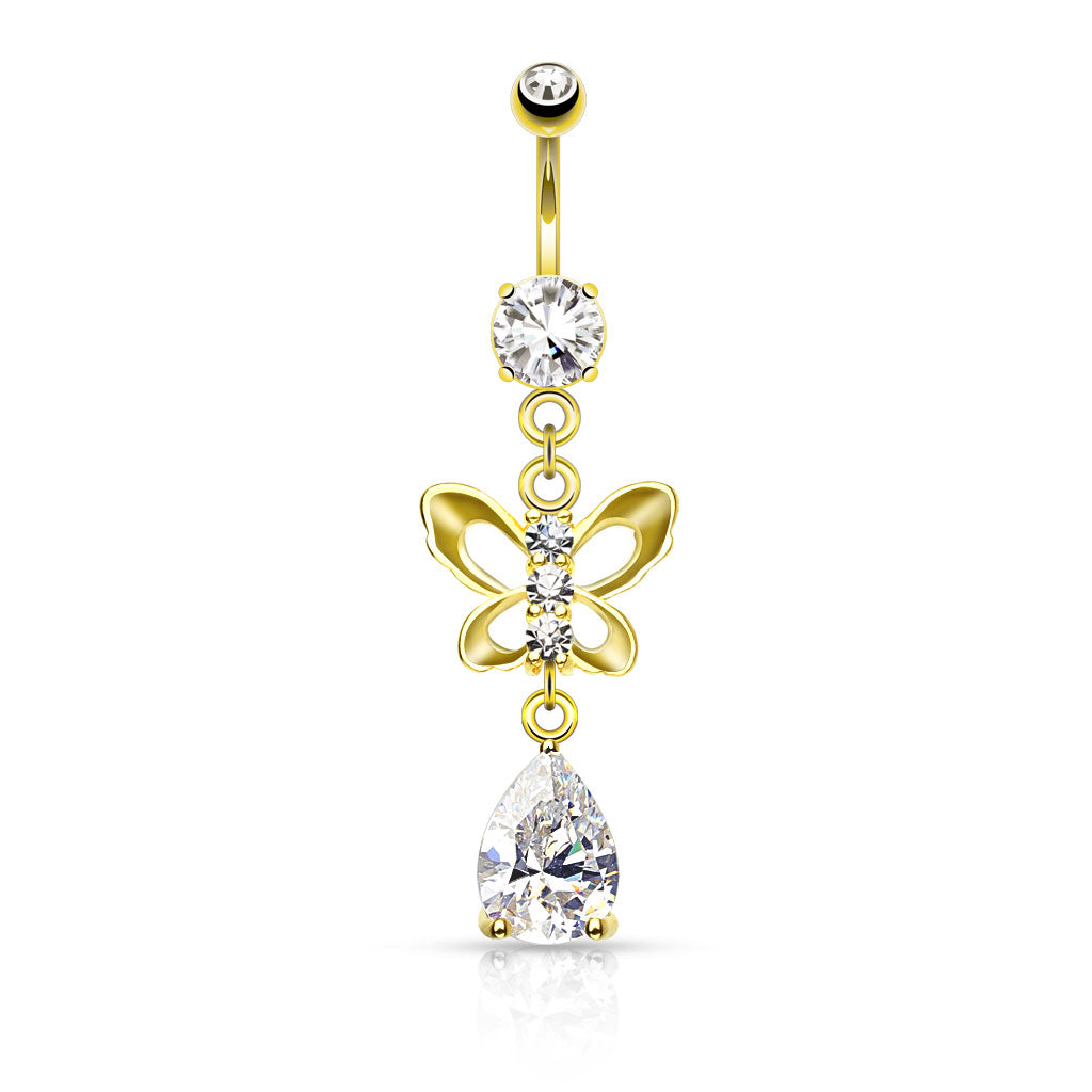 Paved Butterfly and Tear Drop Cut CZ Navel Ring