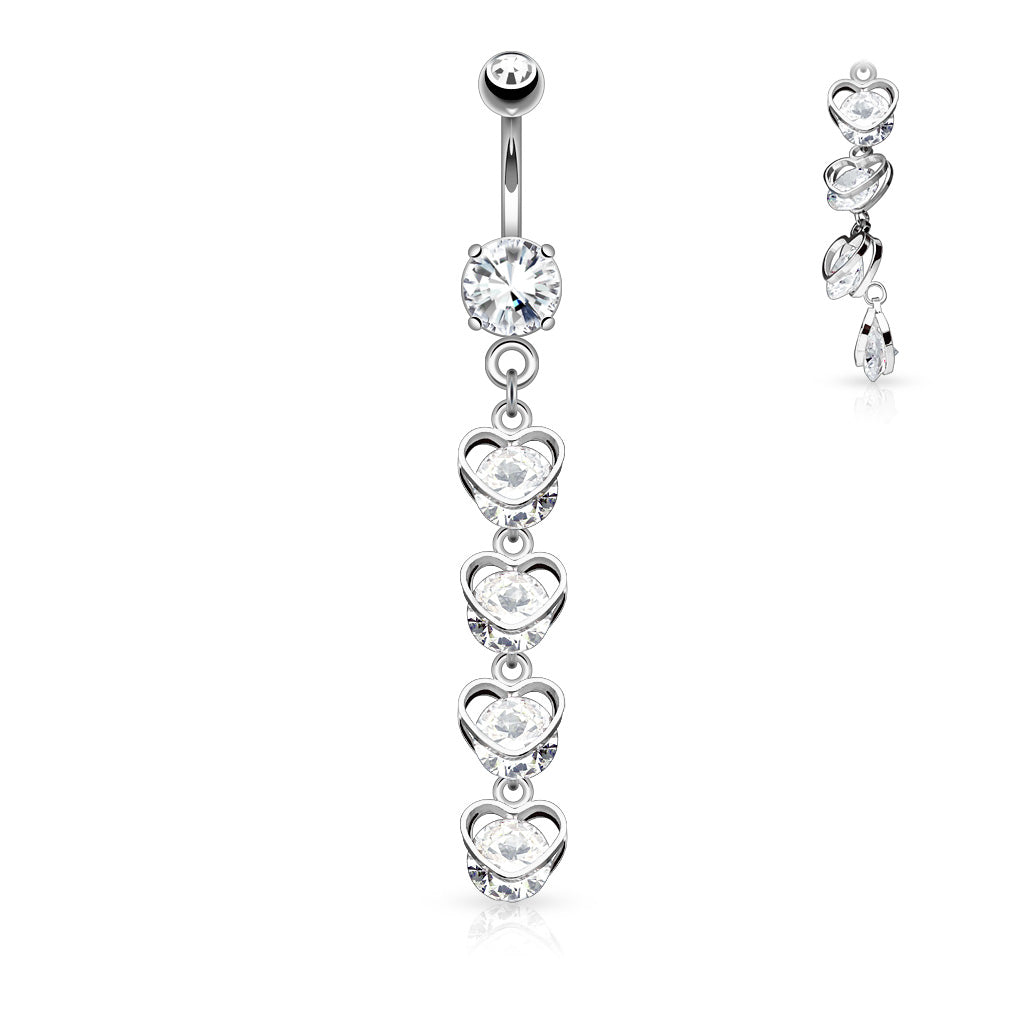 14G Surgical Steel Vertical Drop CZ Set Hearts Dangle Belly Button (10MM)