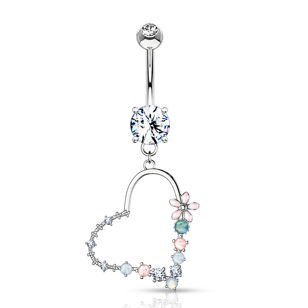 Double Jeweled Prong Set with Enamel Flowers and Opalite Stone Set Heart Dangle Surgical Steel Navel Rings